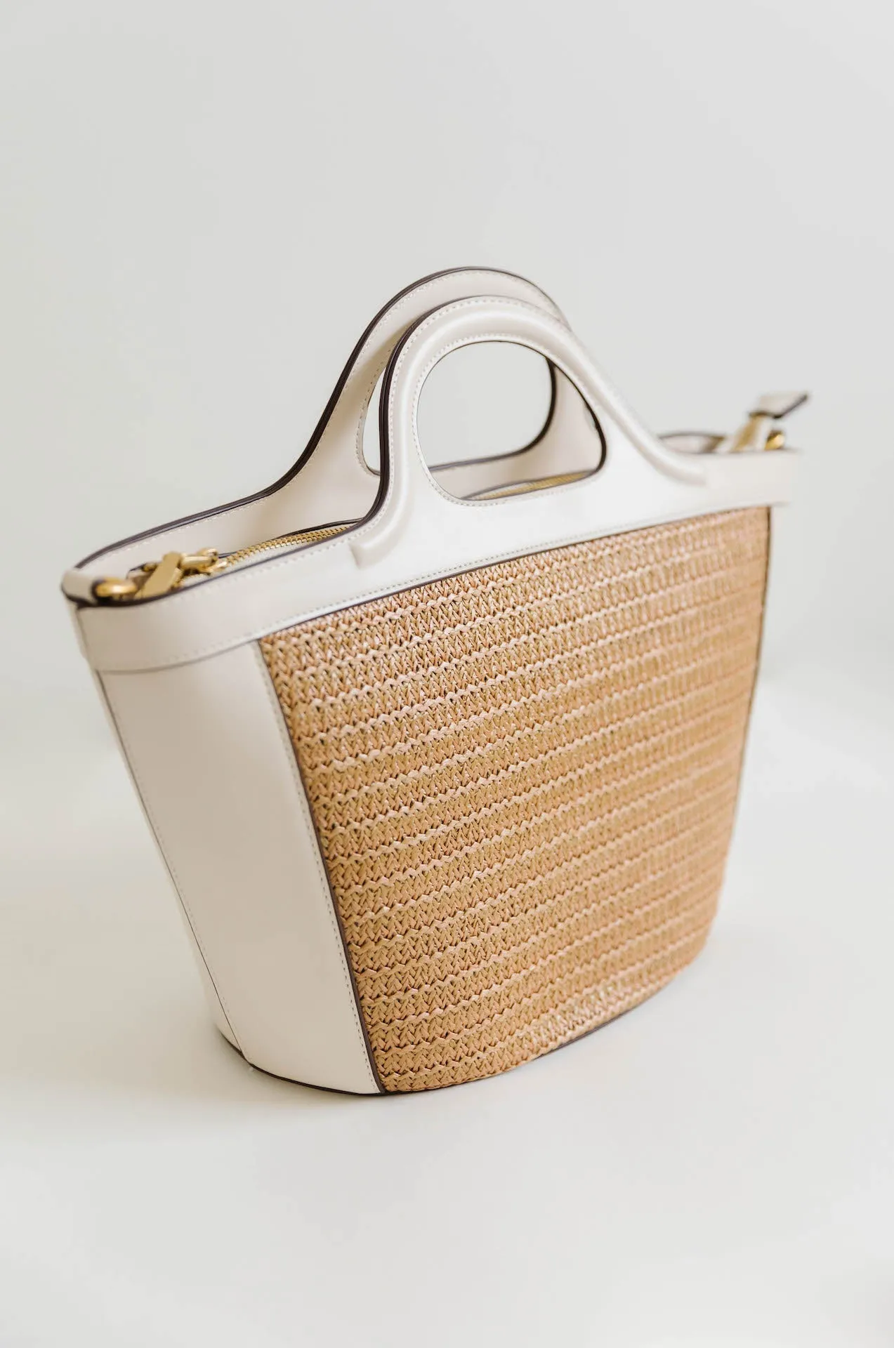 Raffia Ivory Vegan Leather Top Handle Bag