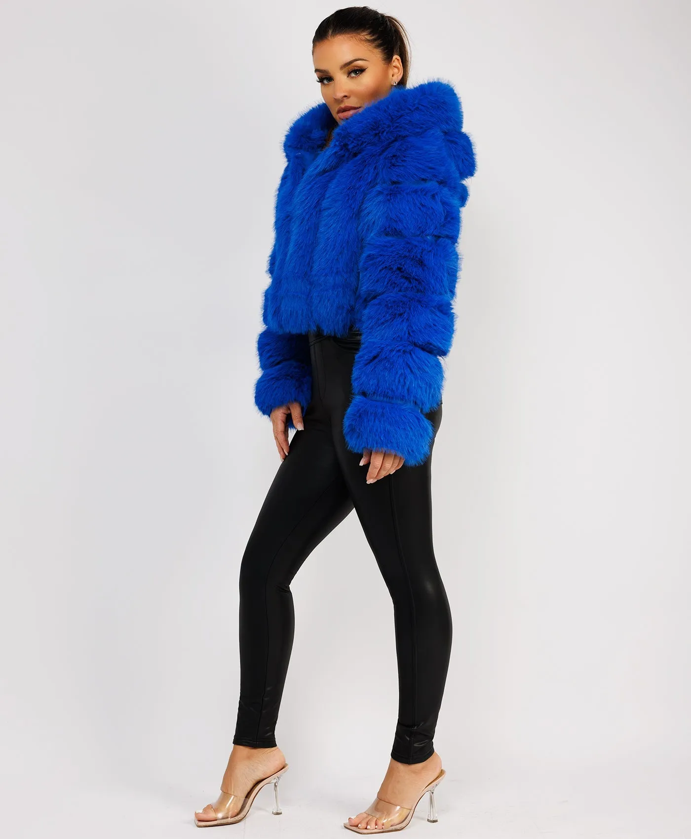 Royal Blue Faux Fur Striped Panel Hooded Coat Jacket