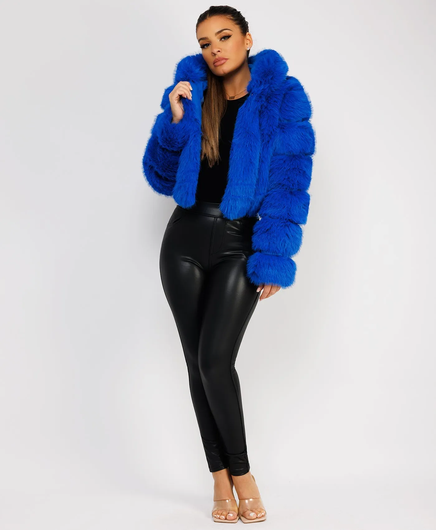 Royal Blue Faux Fur Striped Panel Hooded Coat Jacket