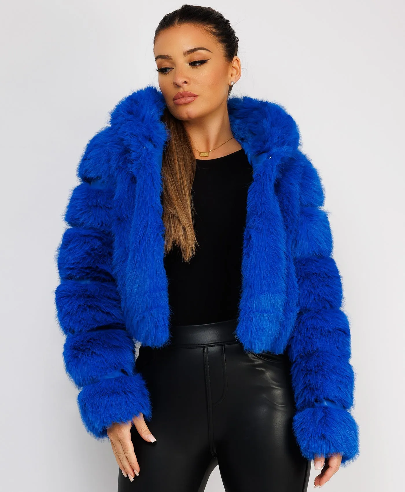 Royal Blue Faux Fur Striped Panel Hooded Coat Jacket