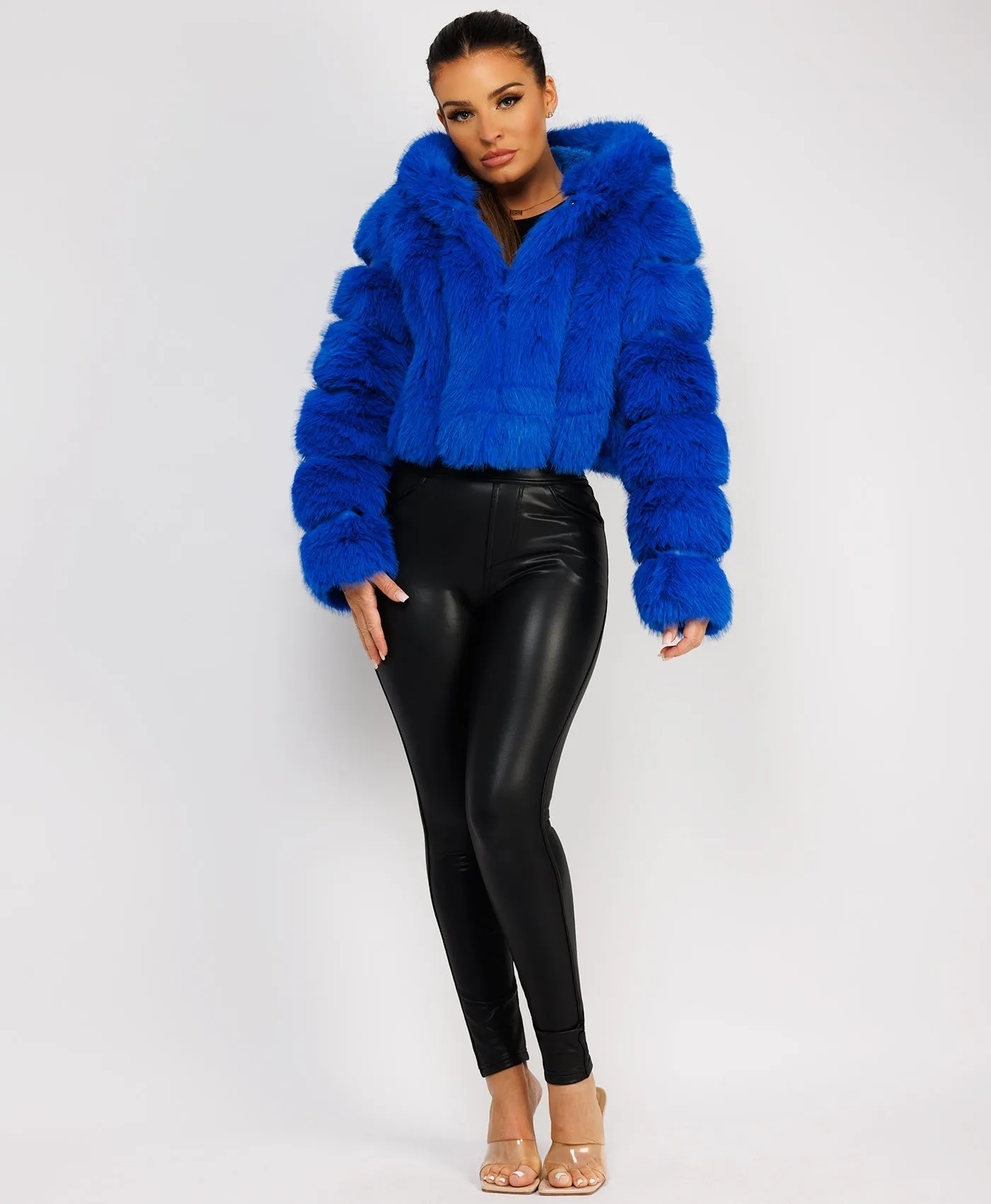 Royal Blue Faux Fur Striped Panel Hooded Coat Jacket