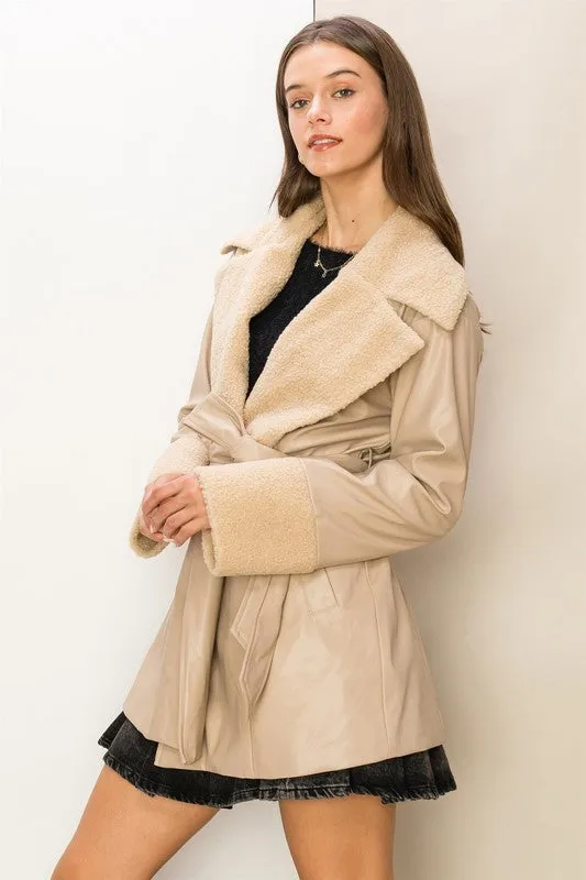 Sand Cool Intentions Faux Fur Pu Tie Waist Coat