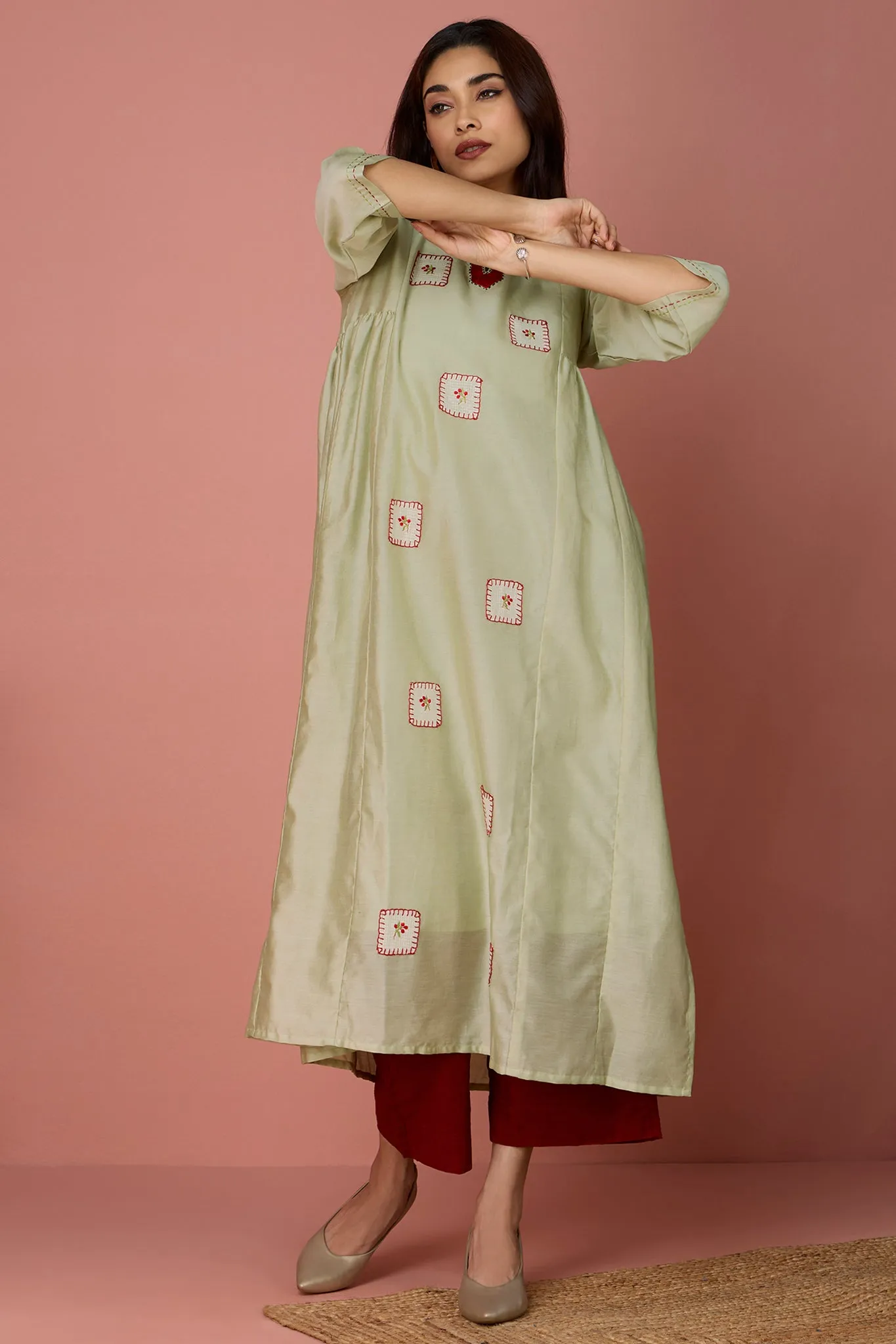 side gather chanderi a-line kurta - Pistachio & Dreams