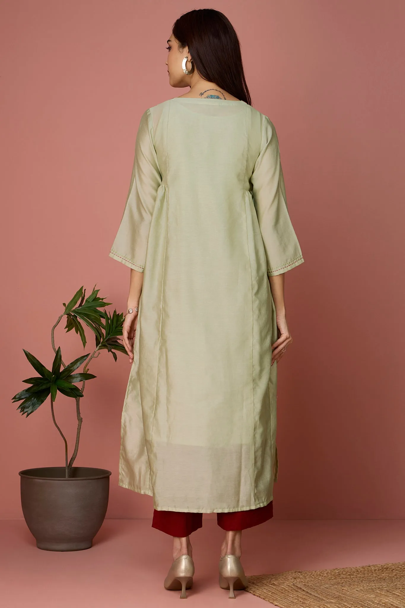 side gather chanderi a-line kurta - Pistachio & Dreams