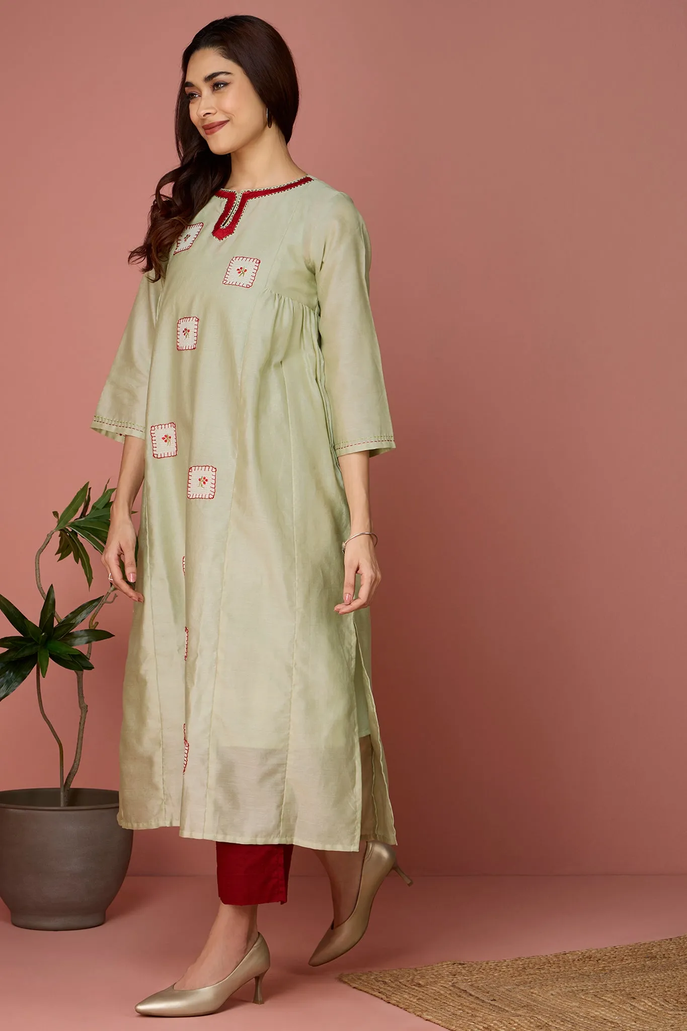 side gather chanderi a-line kurta - Pistachio & Dreams