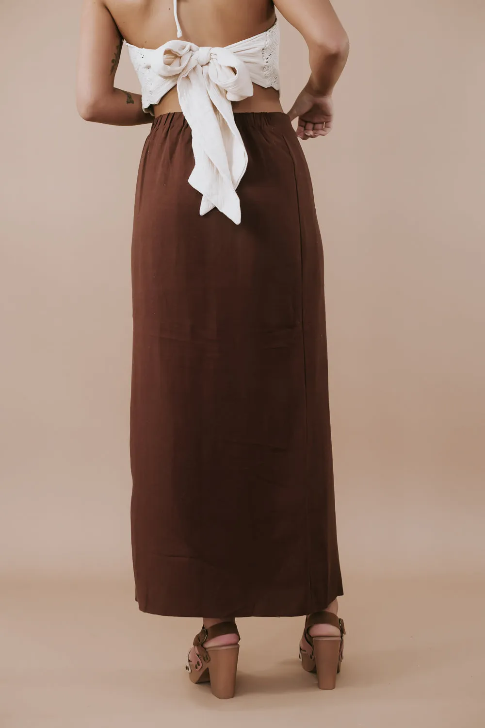 Side Slit Woven Maxi Skirt, Chocolate