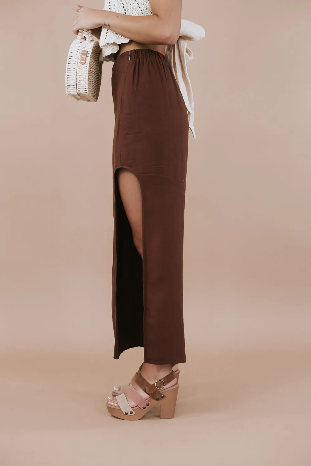 Side Slit Woven Maxi Skirt, Chocolate