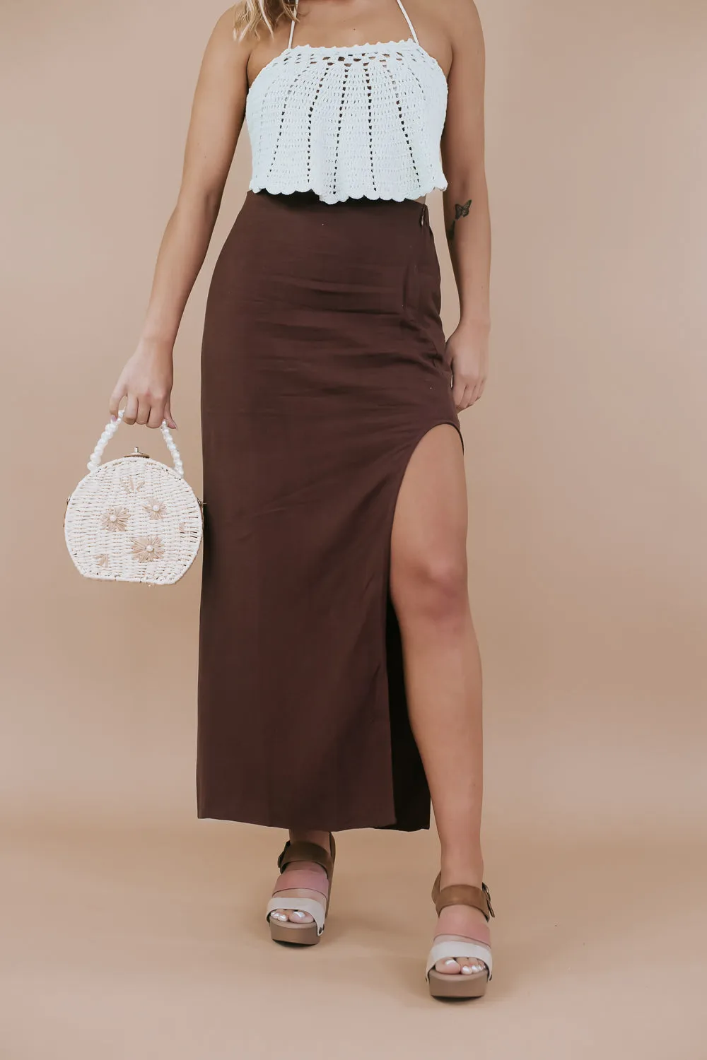 Side Slit Woven Maxi Skirt, Chocolate