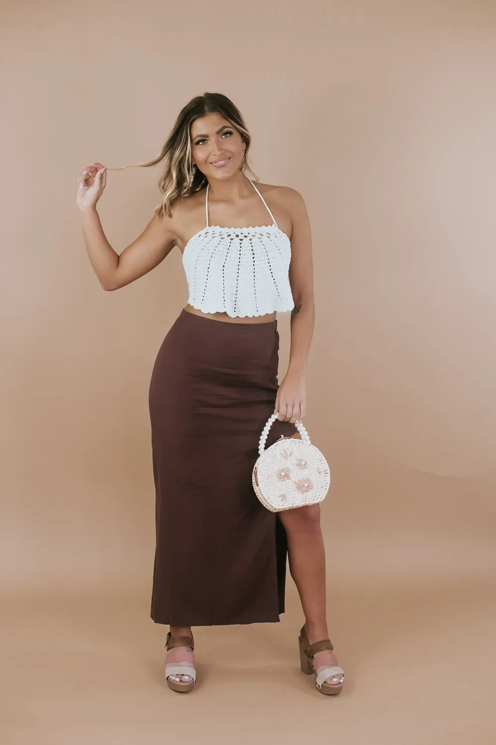 Side Slit Woven Maxi Skirt, Chocolate