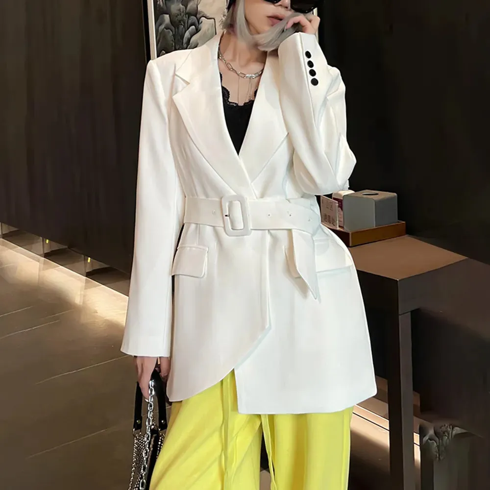 Solid Loose Blazers For Women Notched Collar Long Sleeve Patchwork Belt Split Casual Blazer Female Fashion Clothing