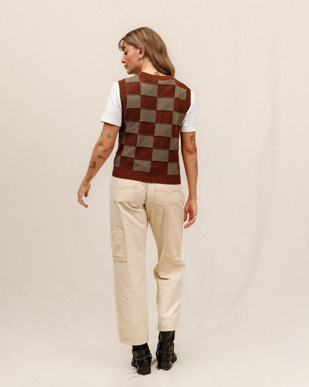 Sparrow Knitted Vest - Olive Checkerboard