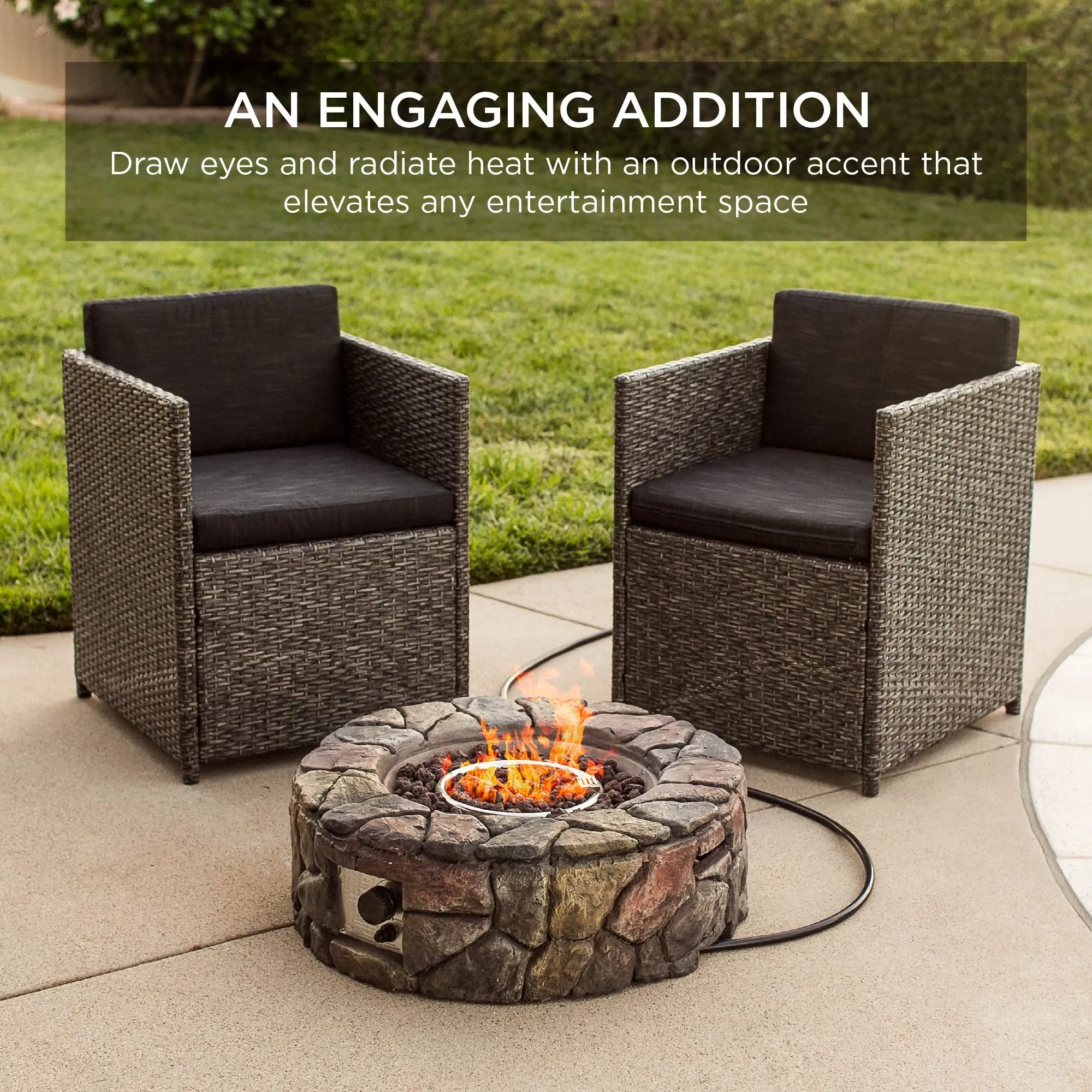 Stone Gas Fire Pit w/ 30,000 BTU, Ignition Button, Control Knob - 27.6in