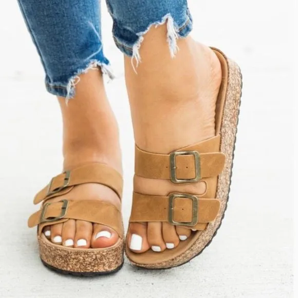 Tan Double Strap Cork Platform Buckle Slides Sandals Casual Womens