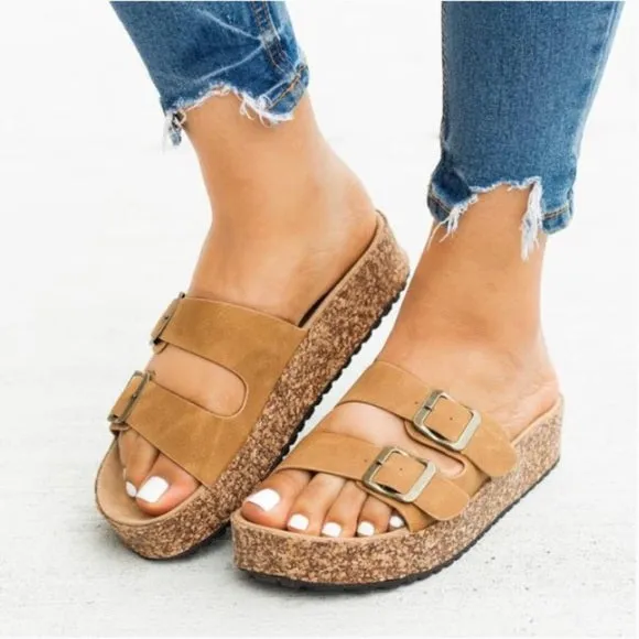 Tan Double Strap Cork Platform Buckle Slides Sandals Casual Womens