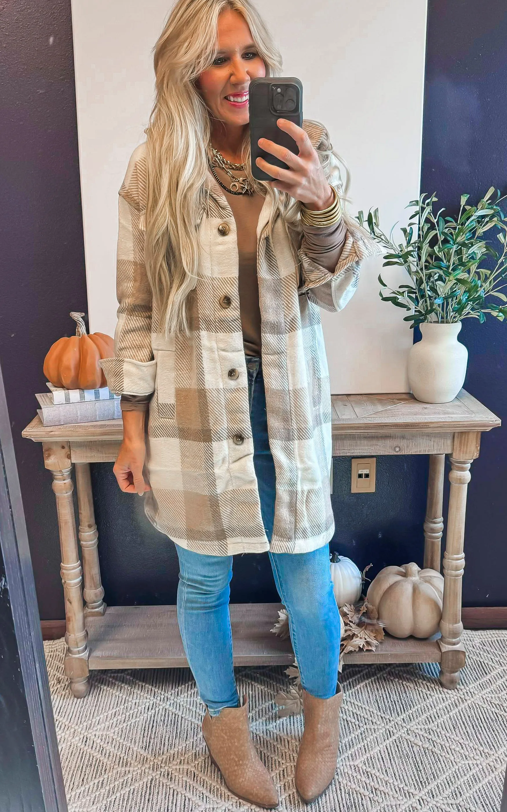 Tan Plaid Plaid Long Shacket