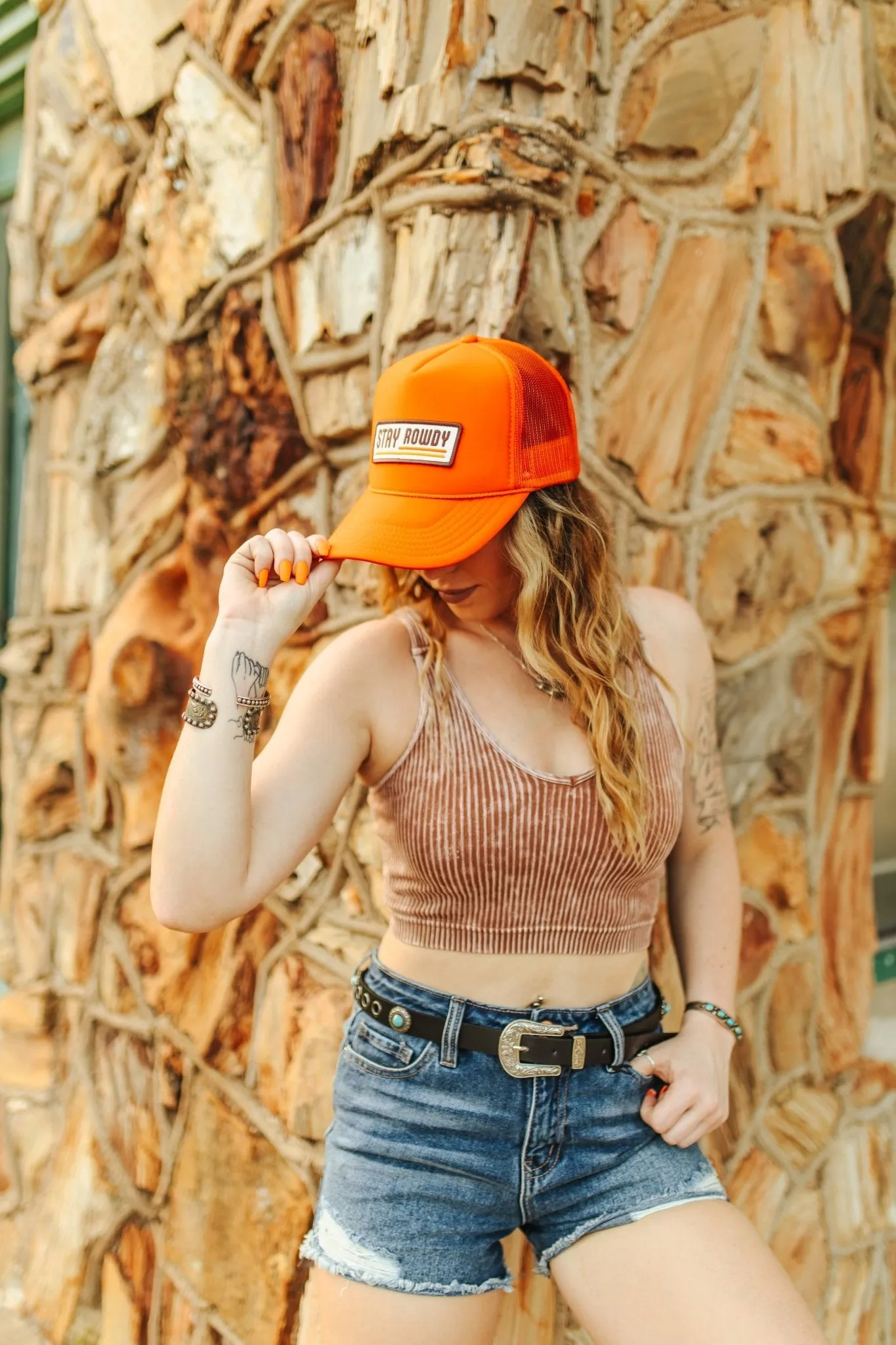 Tan Ribbed Cropped V Neck Tank Top