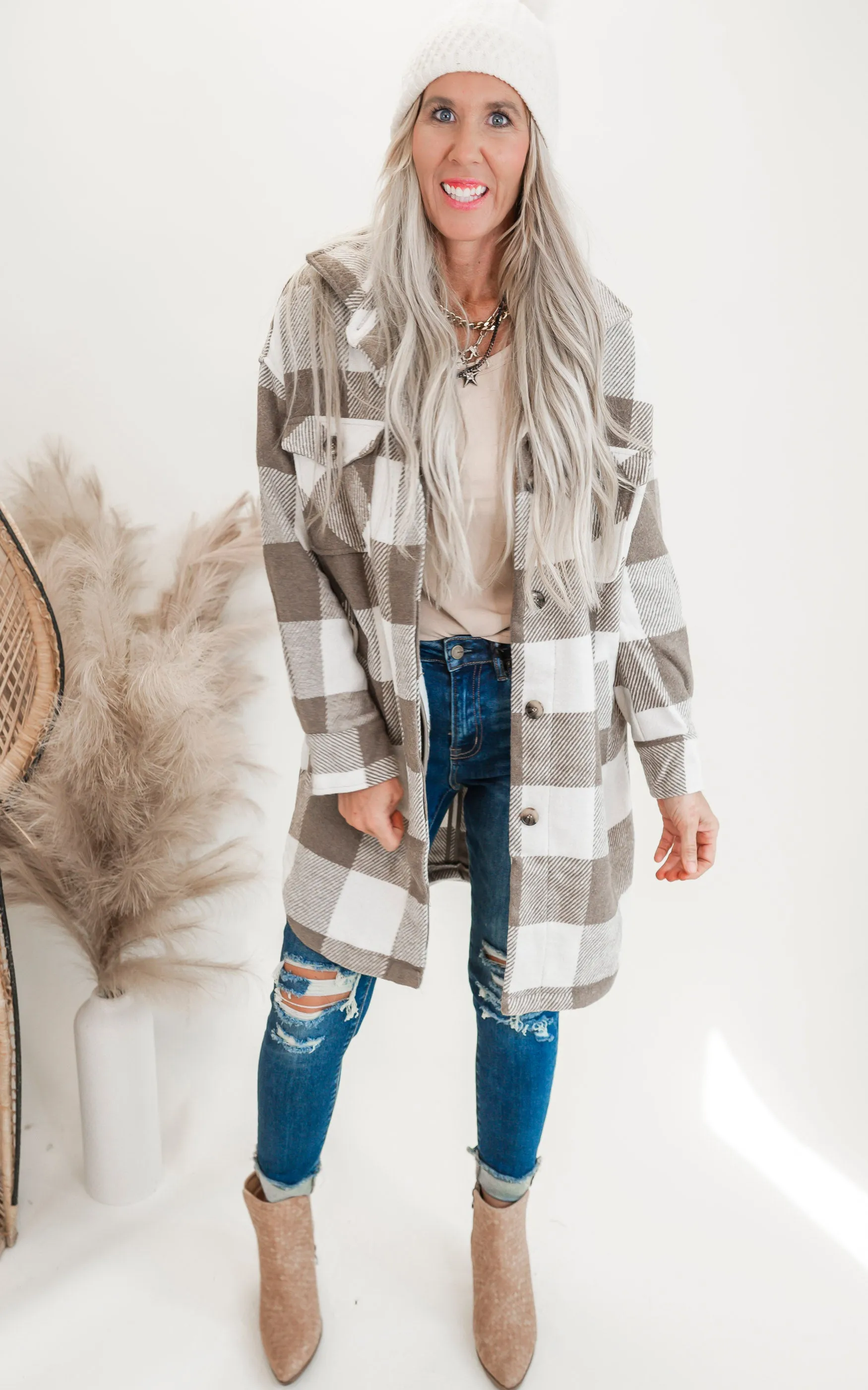 Taupe Buffalo Plaid Long Shacket