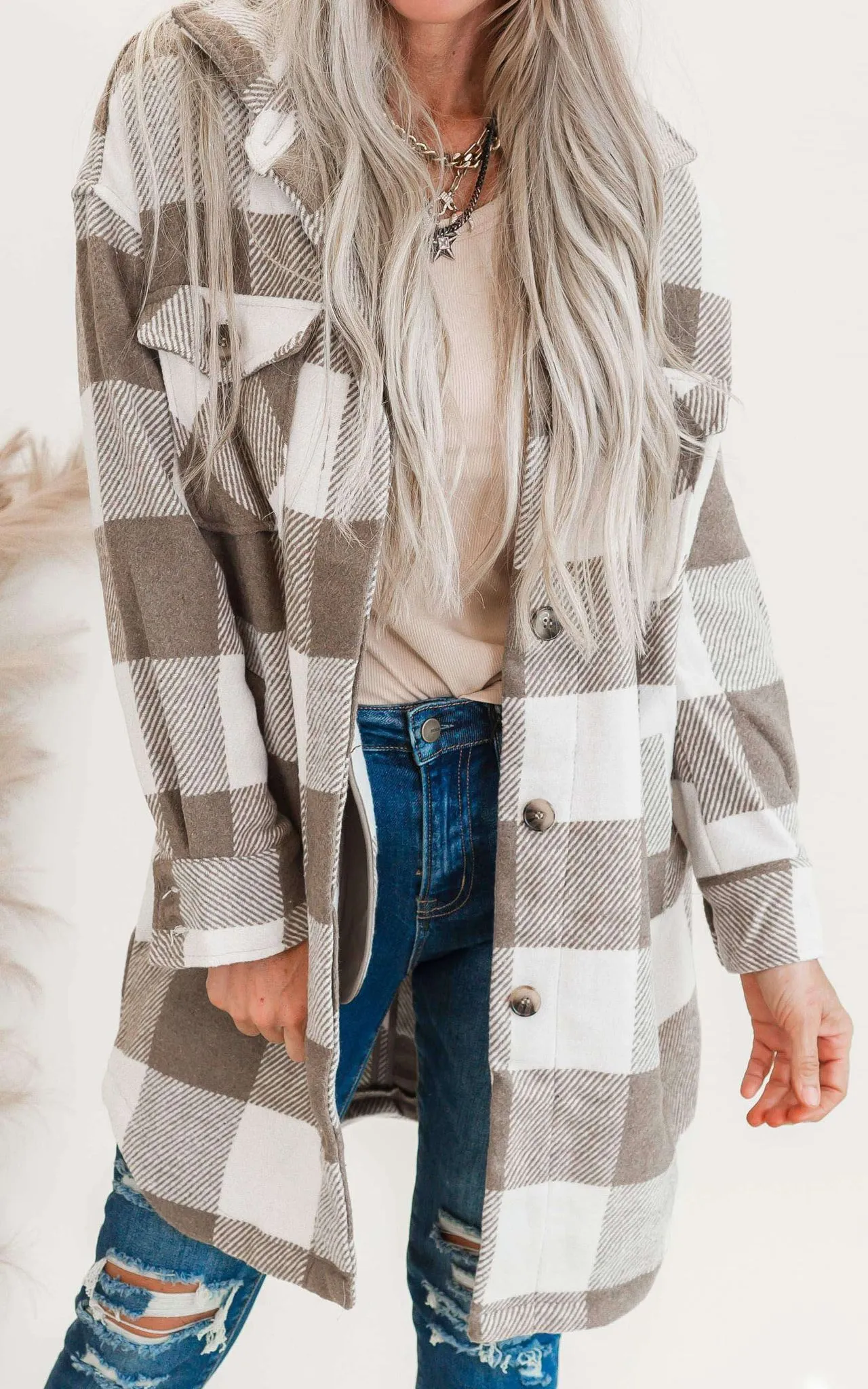 Taupe Buffalo Plaid Long Shacket