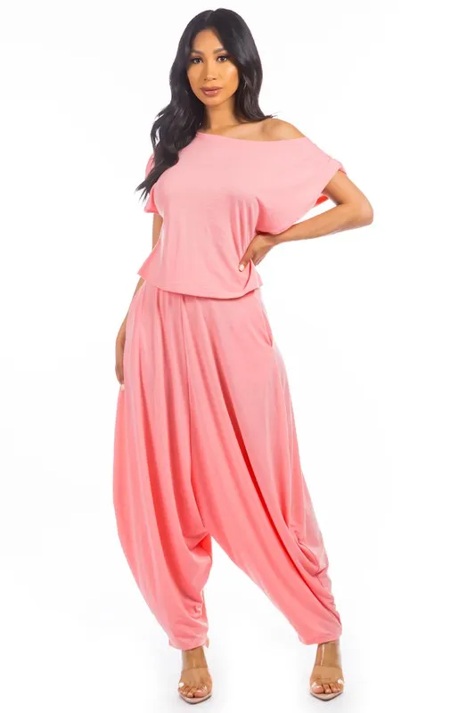 TEEK - 2PC PINK ONE SHOULDER POCKETED PANTS SET