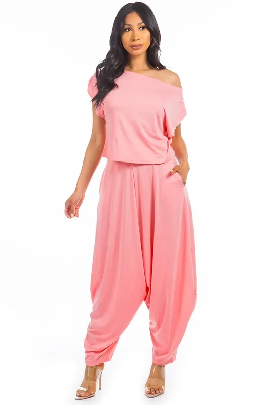 TEEK - 2PC PINK ONE SHOULDER POCKETED PANTS SET