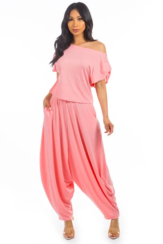 TEEK - 2PC PINK ONE SHOULDER POCKETED PANTS SET