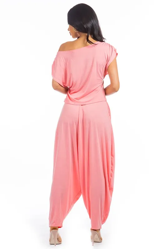 TEEK - 2PC PINK ONE SHOULDER POCKETED PANTS SET