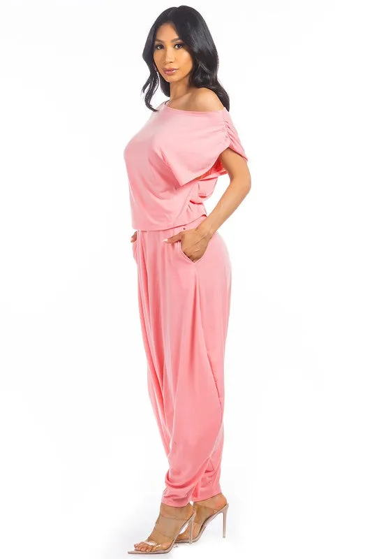 TEEK - 2PC PINK ONE SHOULDER POCKETED PANTS SET