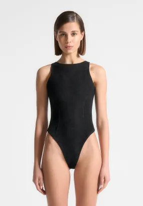 Éternelle Suede Racer Neck Bodysuit - Black