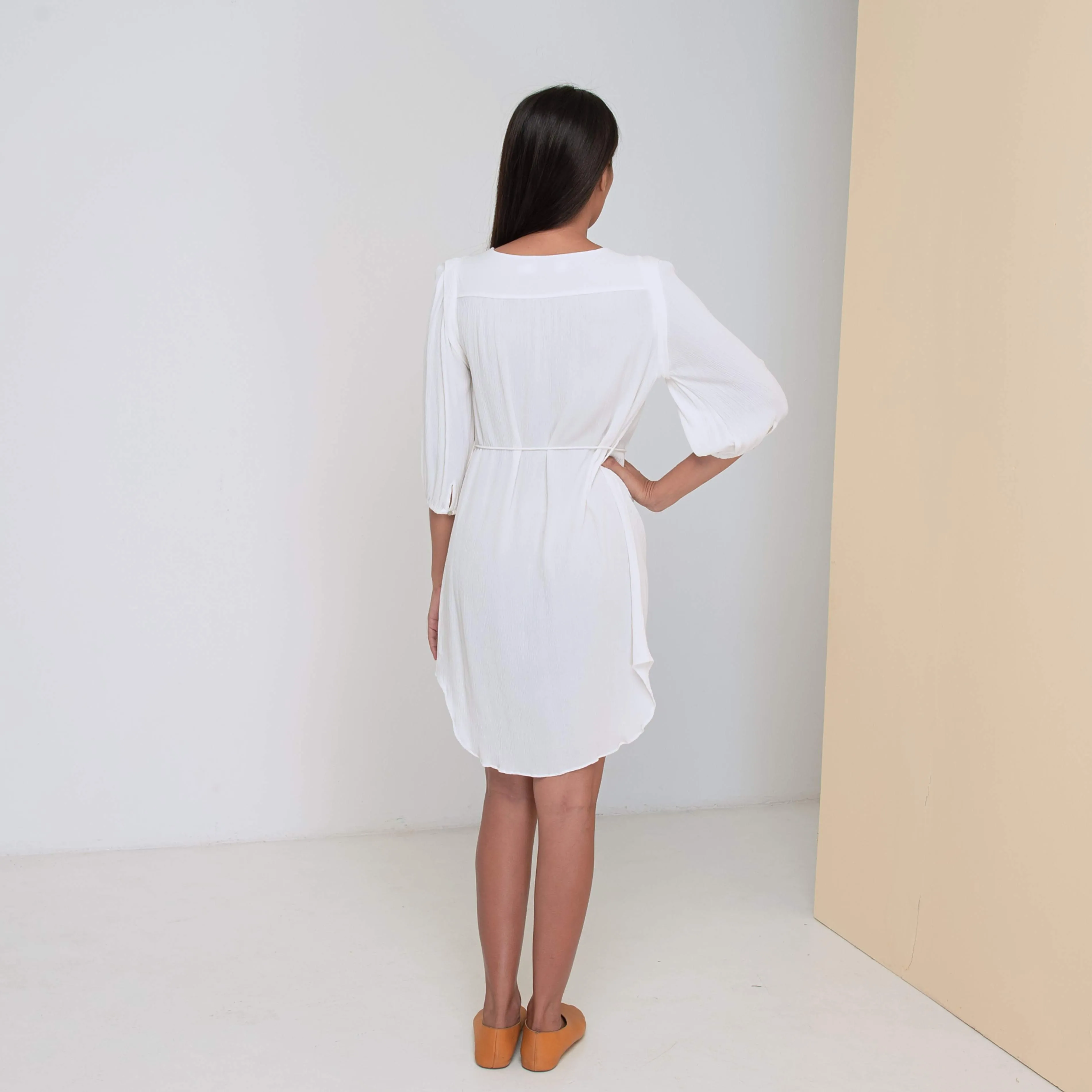 TRANSIT 3/4 SLEEVE DRESS - Crinkled Rayon | Off White