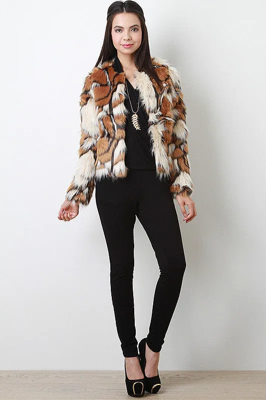 Tri-Tone Long Hair Faux Fur Coat