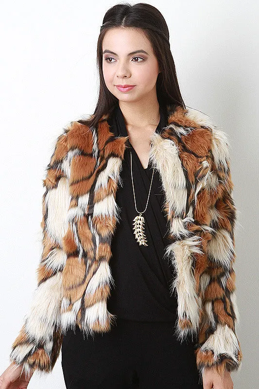 Tri-Tone Long Hair Faux Fur Coat