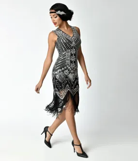 Unique Vintage 1920s Deco Silver & Black Veronique Fringe Flapper Dress