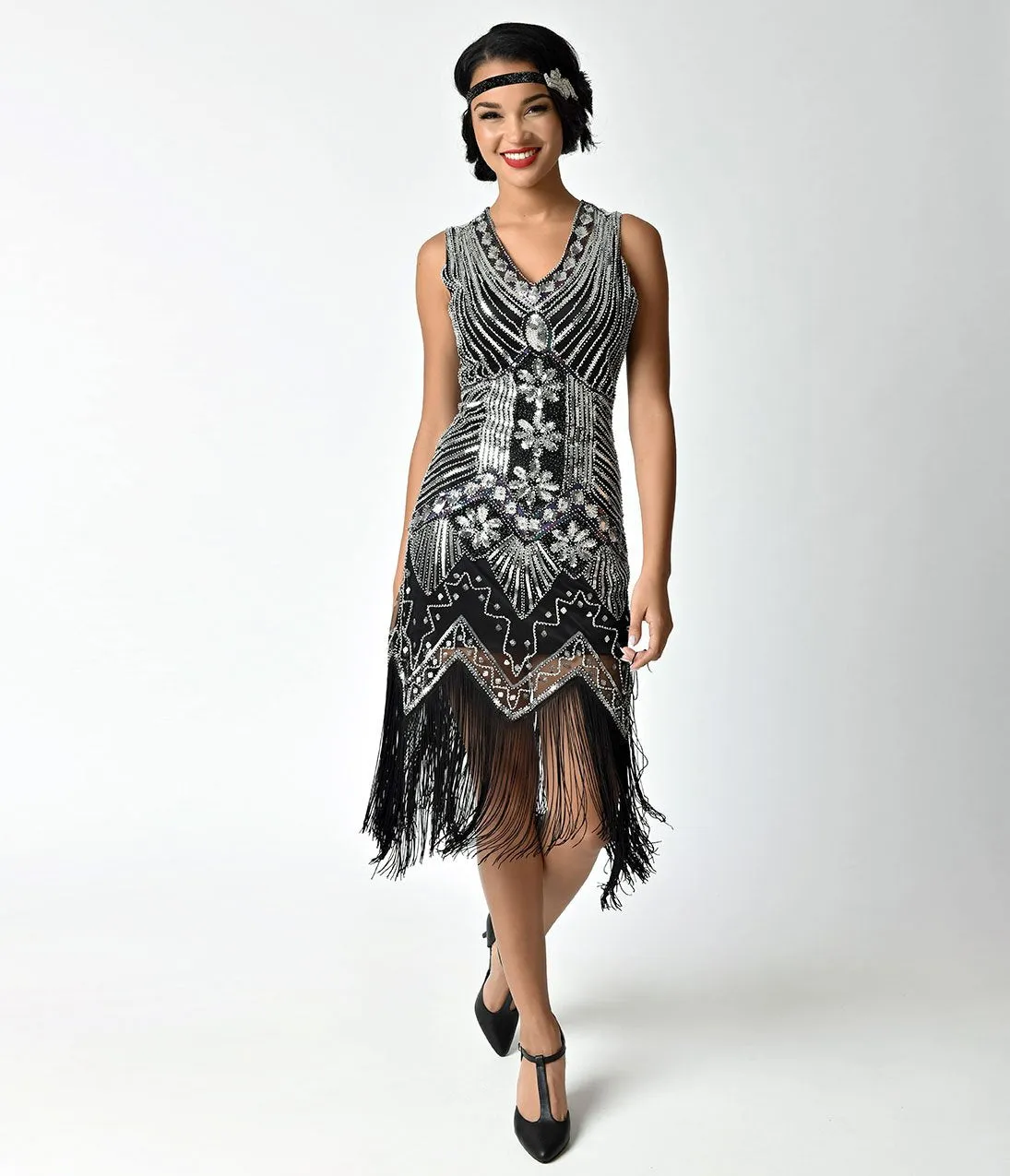 Unique Vintage 1920s Deco Silver & Black Veronique Fringe Flapper Dress