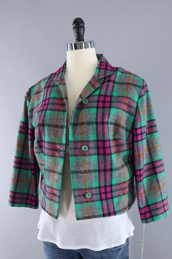 Vintage Green and Pink Plaid Wool Vest and Jacket Set