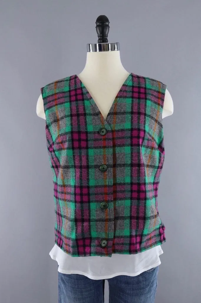 Vintage Green and Pink Plaid Wool Vest and Jacket Set