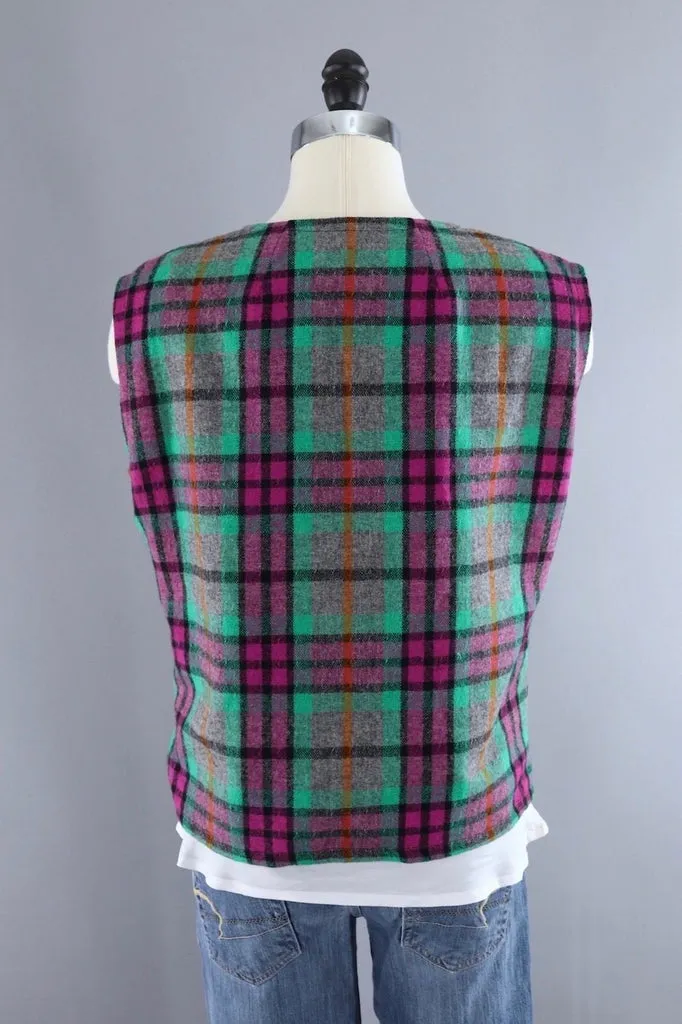 Vintage Green and Pink Plaid Wool Vest and Jacket Set