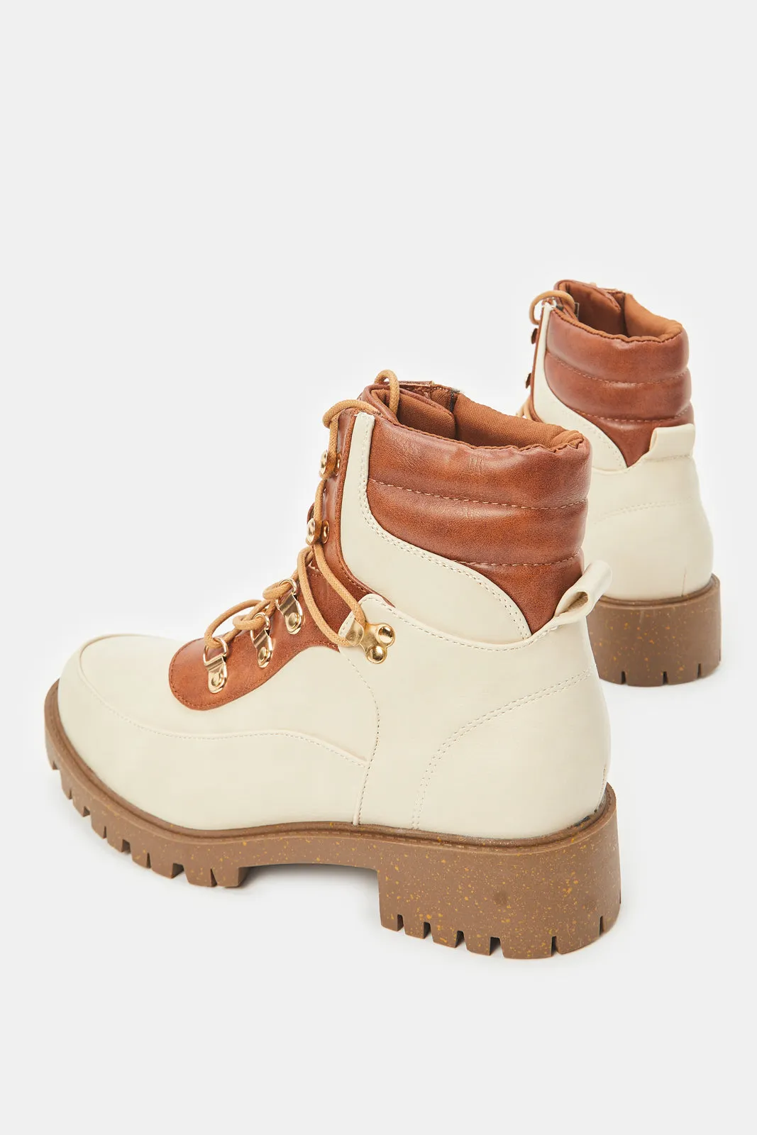 Women Tan And Ivory Lace Up Boot