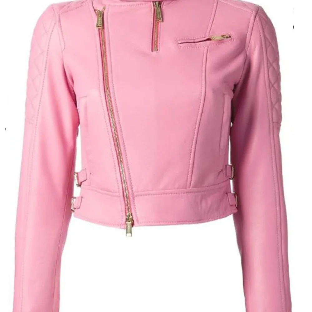 Womens Biker Quilted Assymetrical Pink Leather Jacket