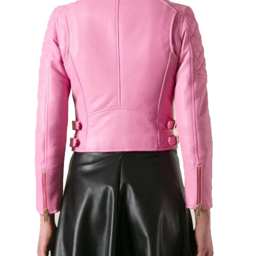 Womens Biker Quilted Assymetrical Pink Leather Jacket