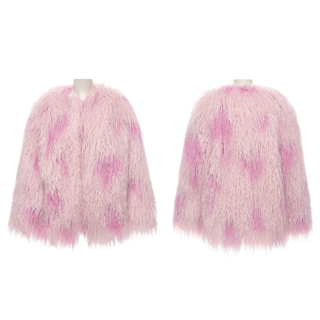 Women's Punk Contrast Color Faux Fur Coat Pink