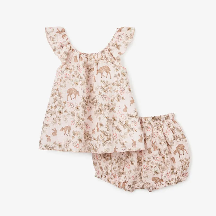 Woodland Print Organic Muslin Flutter Sleeve Dress & Bloomer Set